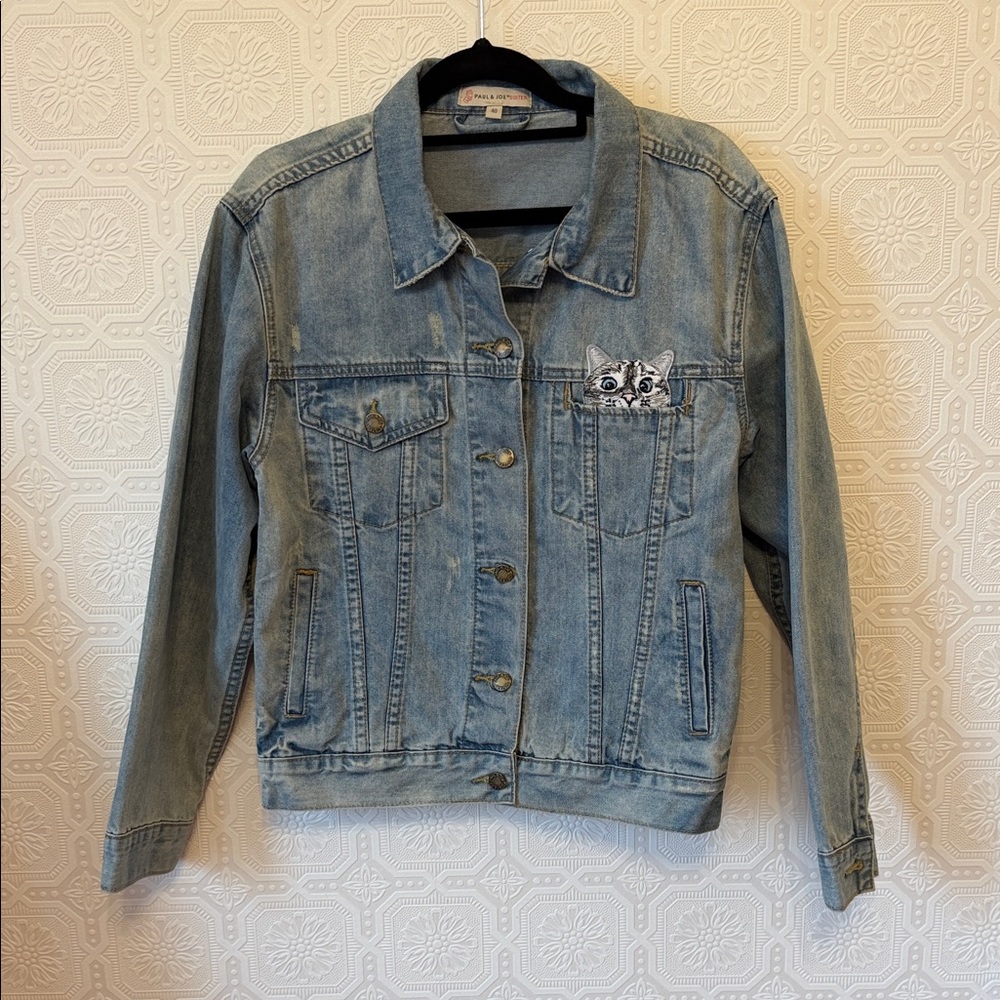 Paul & Joe Leviatan Denim Jacket Blue Denim with Cat Detail Size 40 - Picture 3 of 11